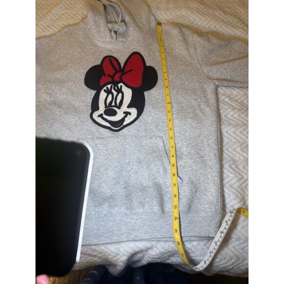 Disney Minnie Mouse Licensed Hoodie Crochet Patch Sweatshirt Heather Grey Size L - Picture 7 of 8